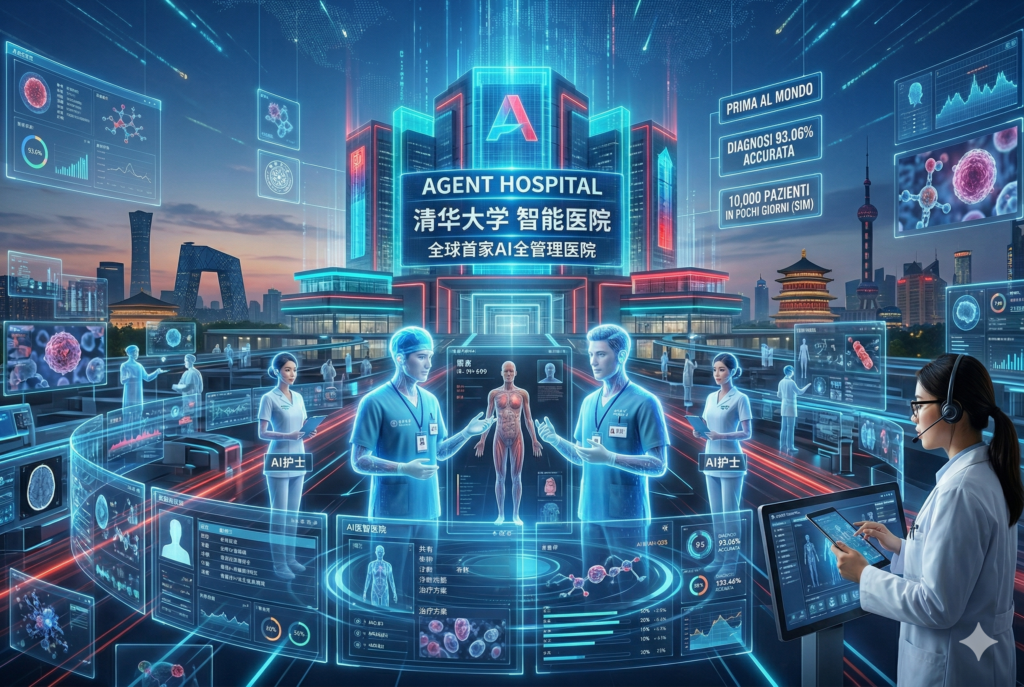 Rendering dell'Agent Hospital di Pechino: medici olografici e intelligenza artificiale applicata alla sanità digitale e alle simulazioni cliniche